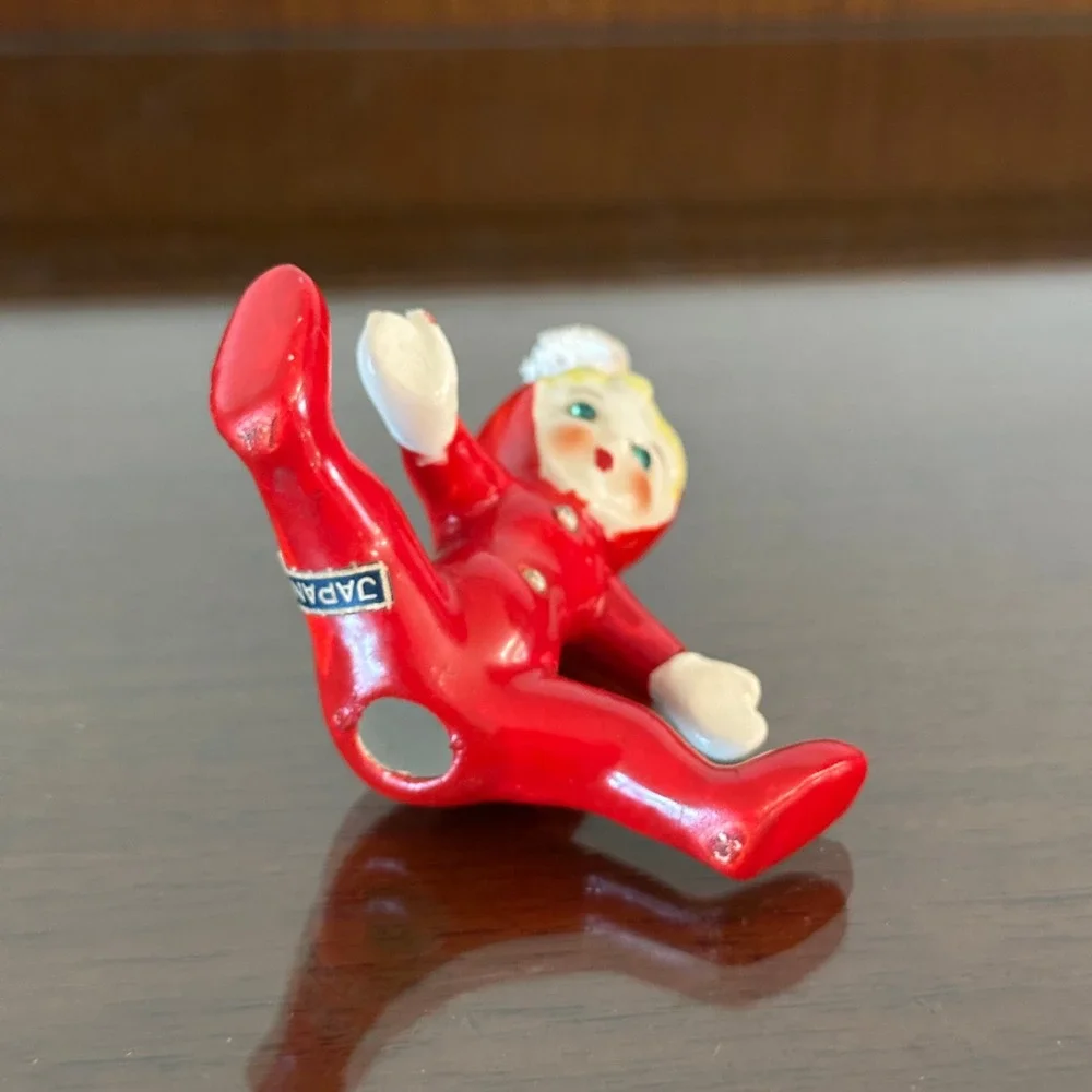 Vintage Ceramic Pixie Elf Pajama Figurine Red Suit Blue Eyes Japan MCM 3.5''